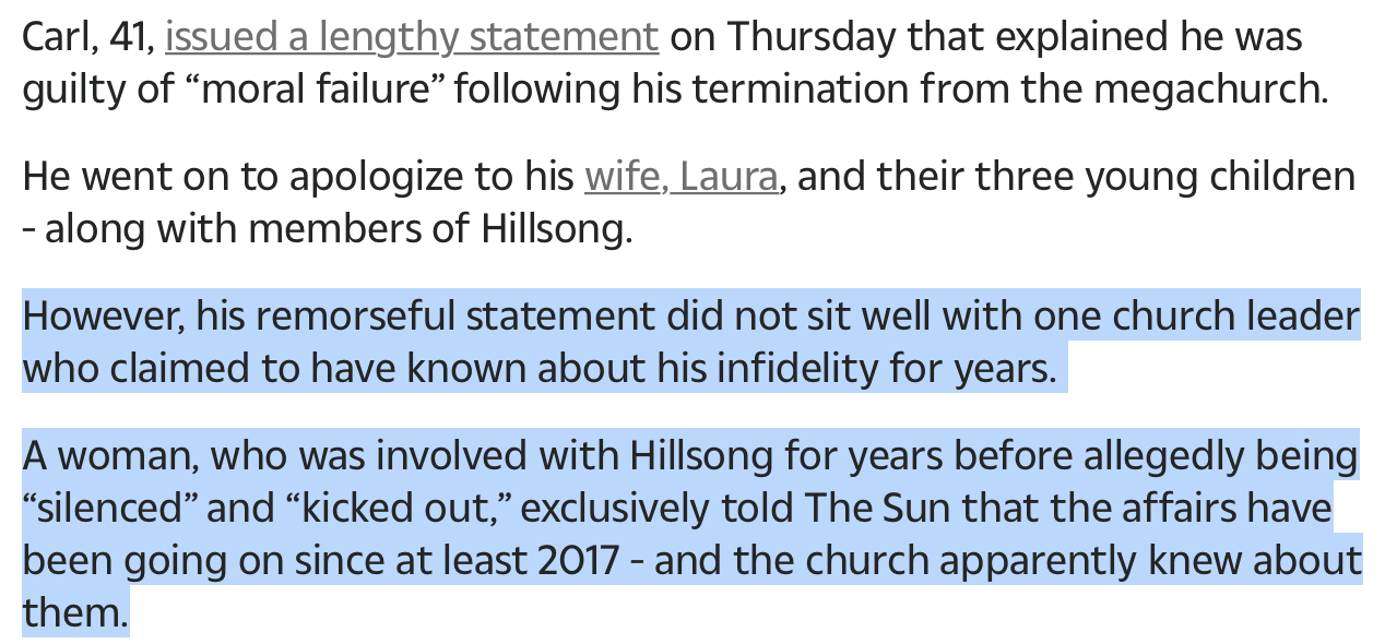 Carl Lentz alleged 3 year affair.