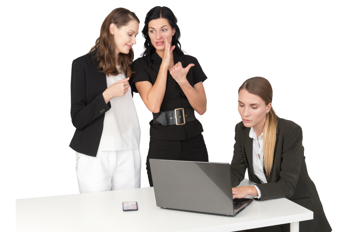 An image of 3 employees, with two of them backstabbing the other one.