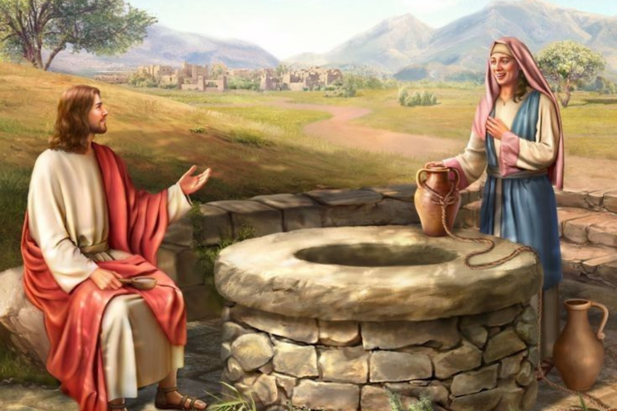 A depiction of the Samaritan Woman at the well with Jesus.