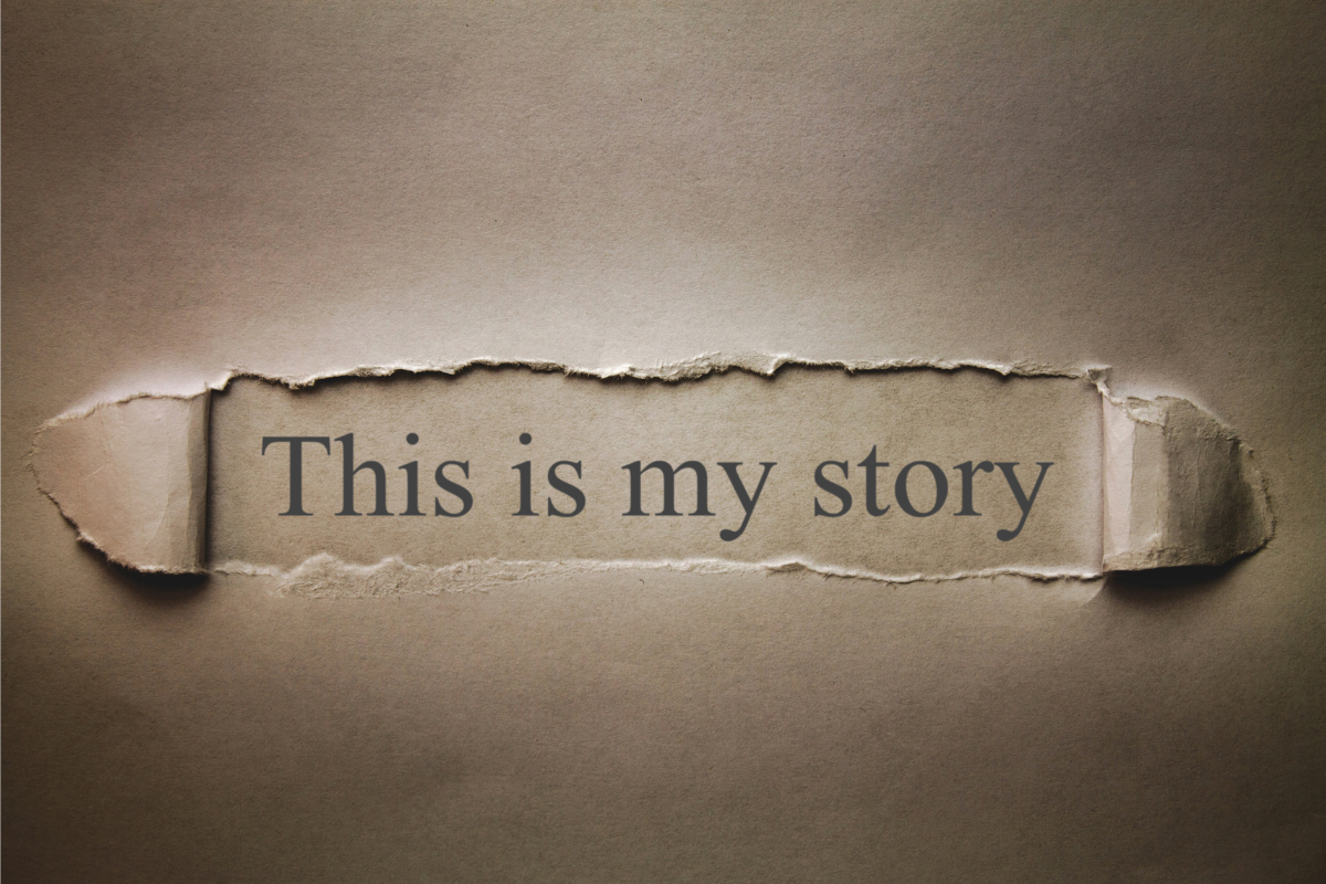 A torn out part of a piece of paper showing the words 'This is my story.'