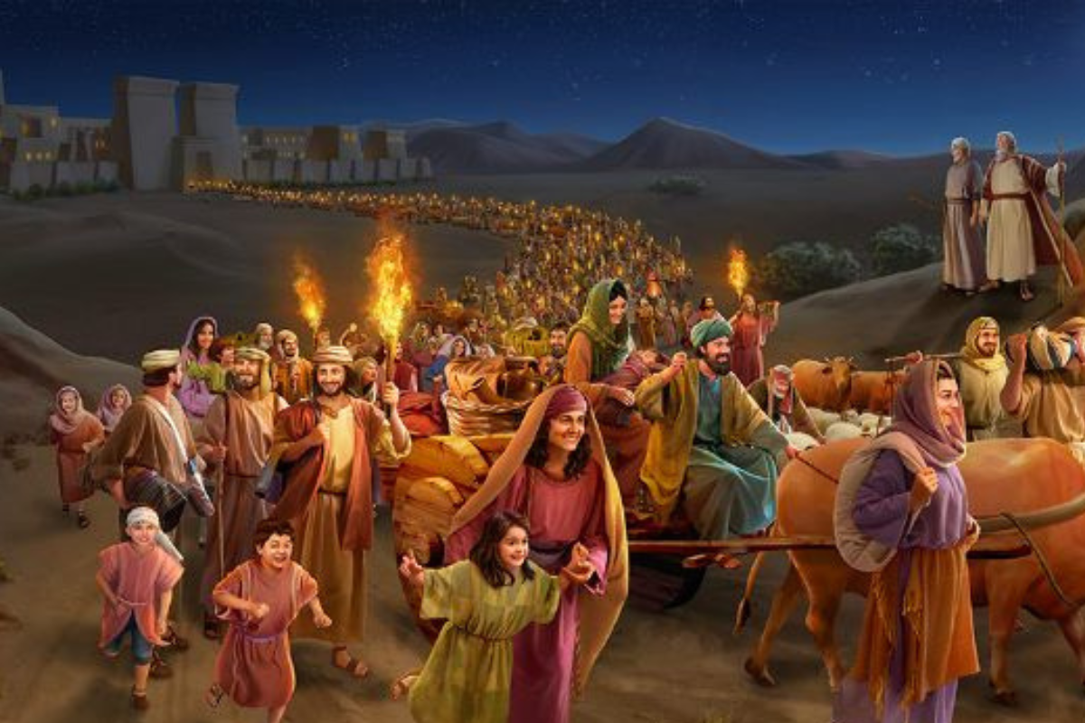 A depiction of the Israelites leaving Egypt.