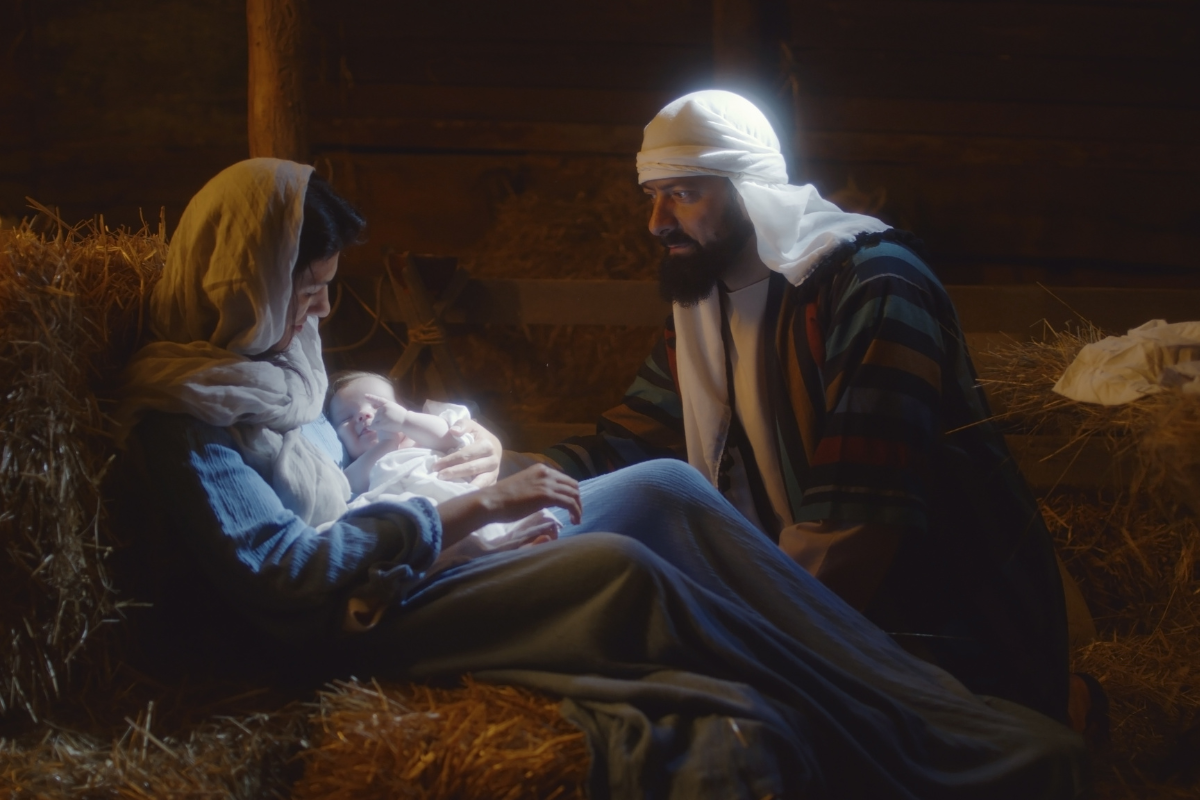 A depiction of the birth of Jesus.