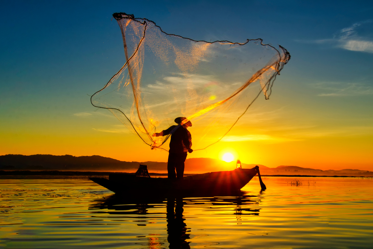 An image of a fisherman casting his net.