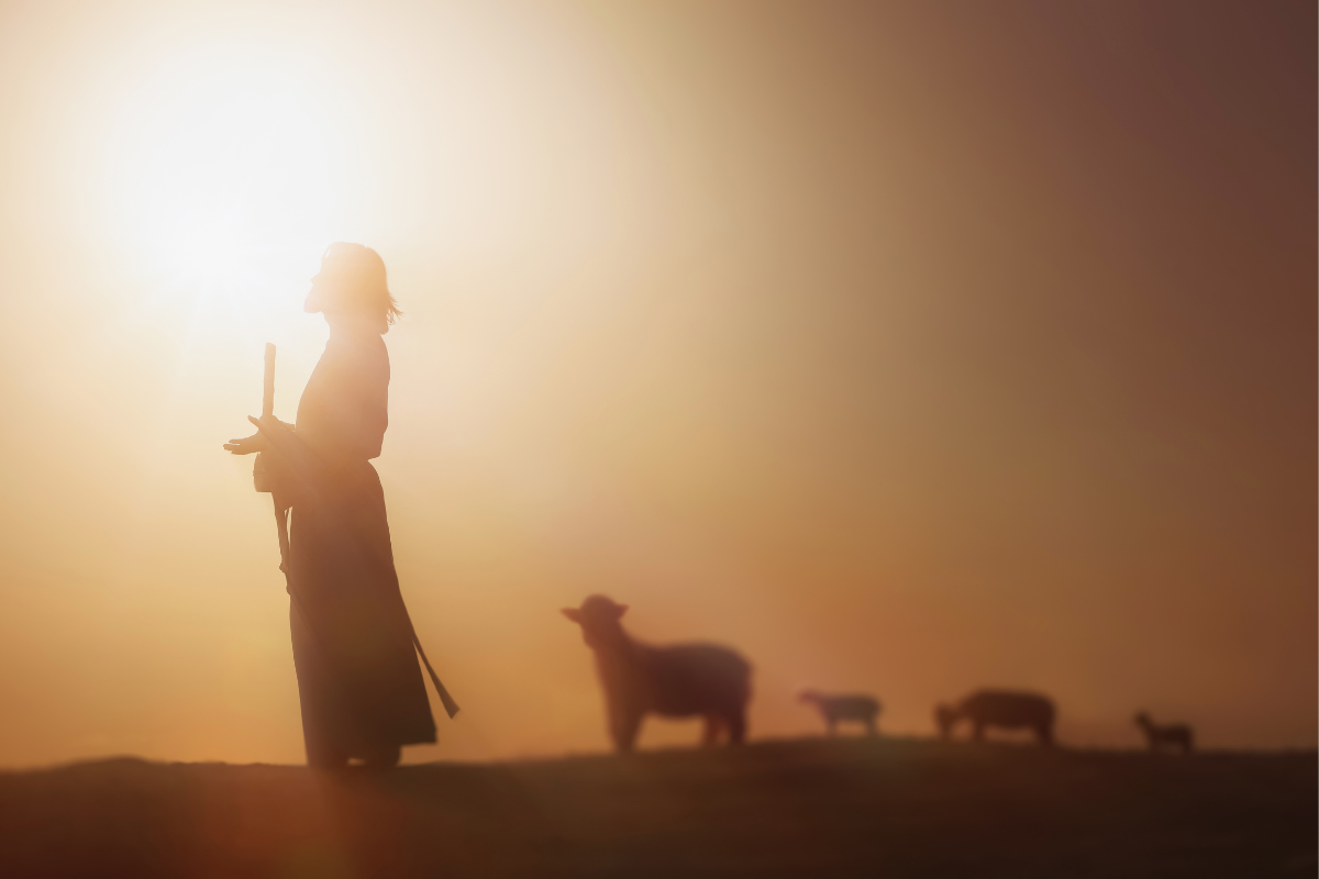 An image of Jesus with sheep following Him.