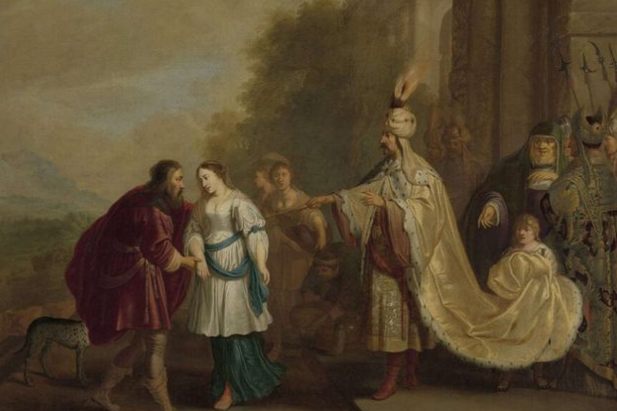 A depiction of King Abimelech, Abraham, and Sarah.
