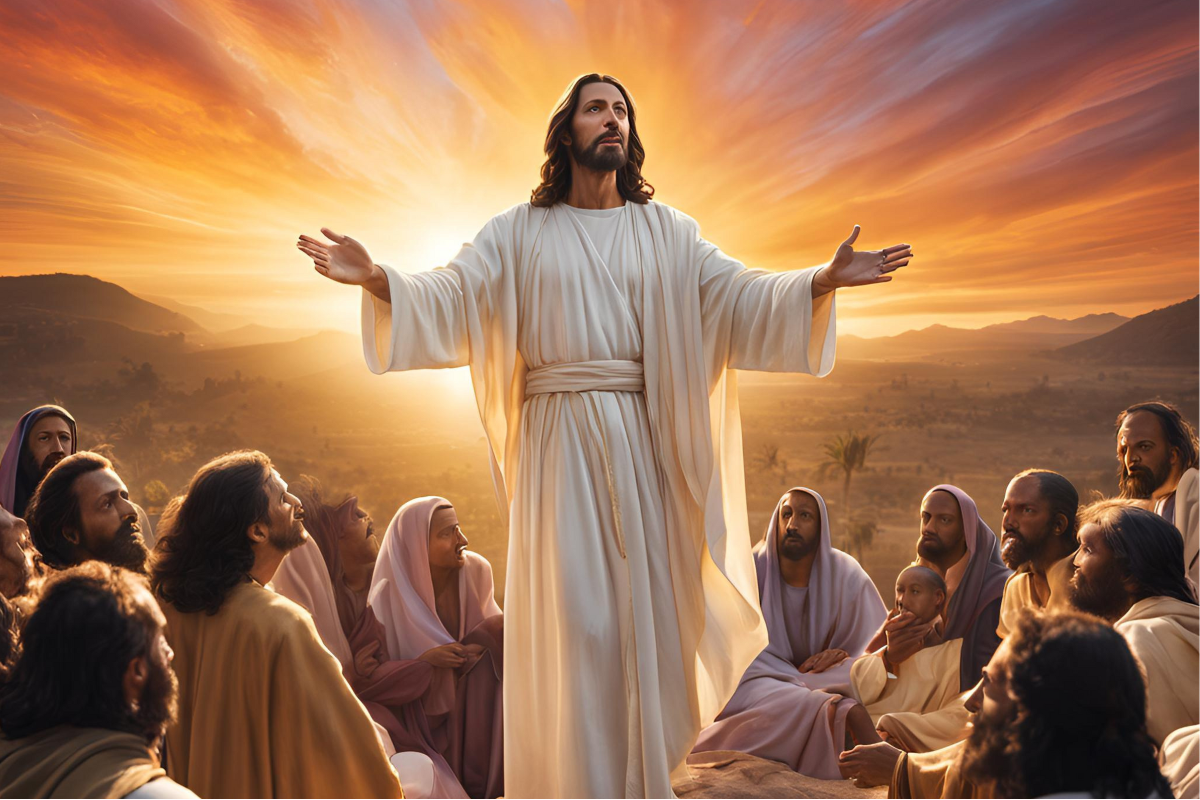 A depiction of Jesus, with a group of people surrounding Him.