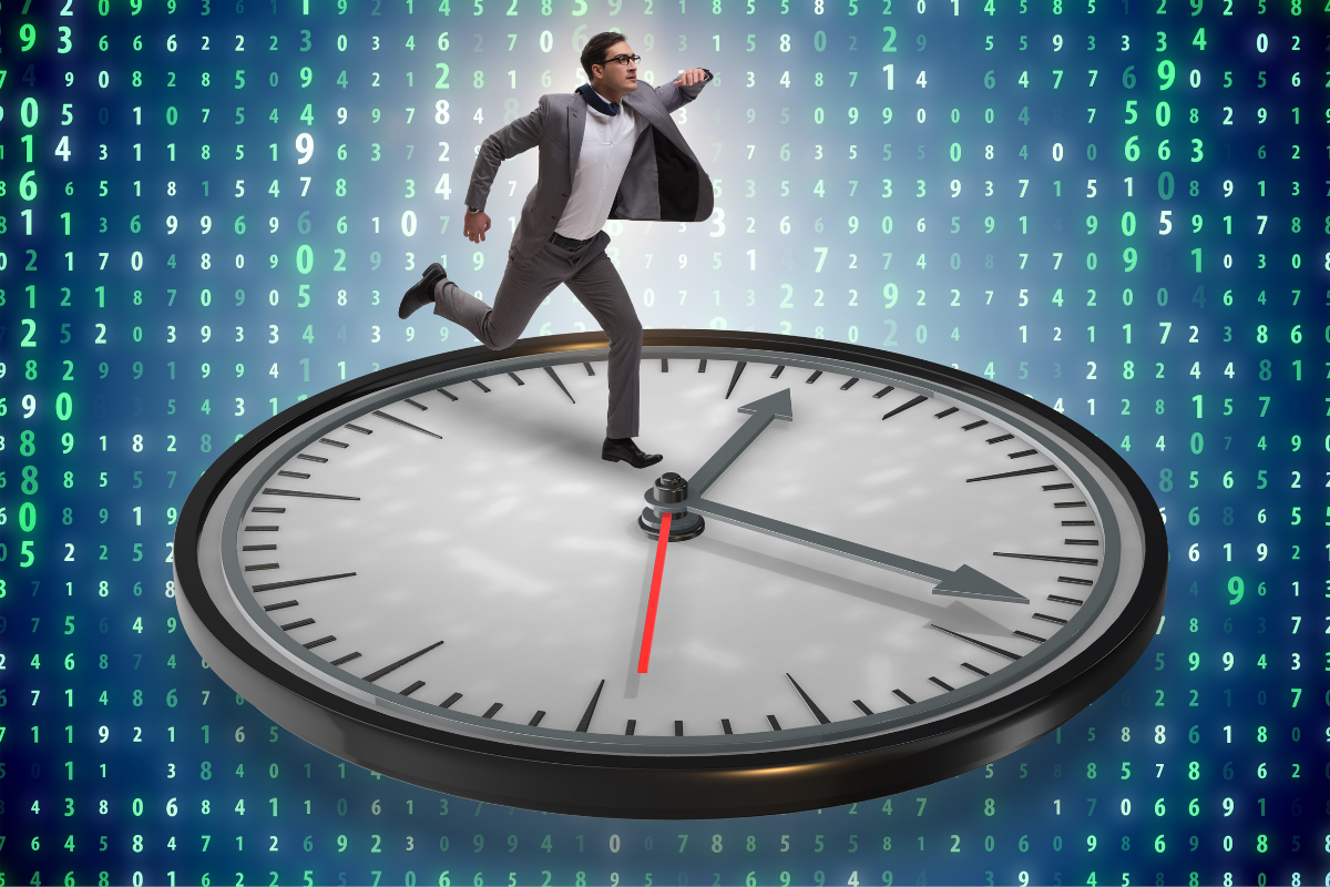 An image of a man in a business suit, running on top of a clock or timer.