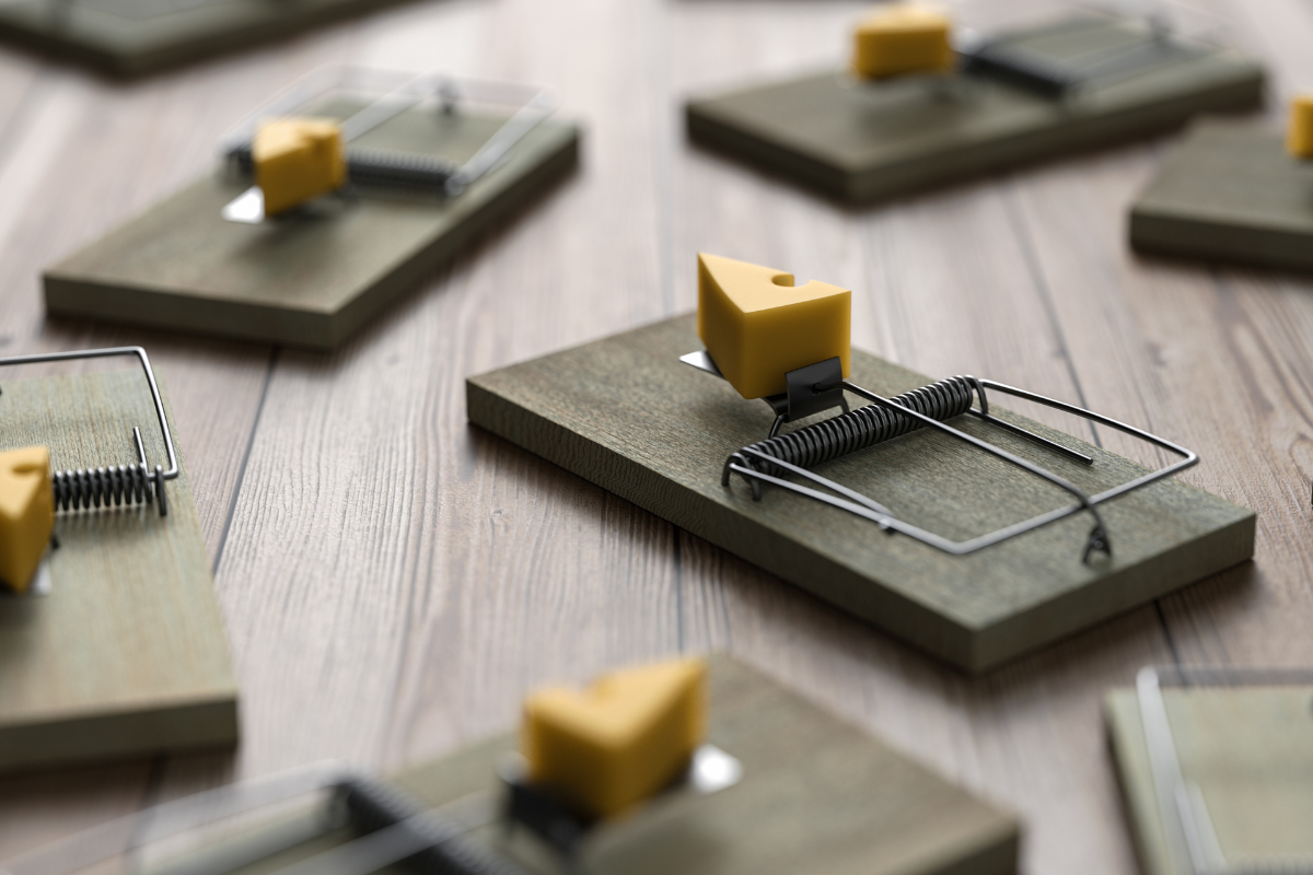 An image of multiple mouse traps on a grey wooden surface.
