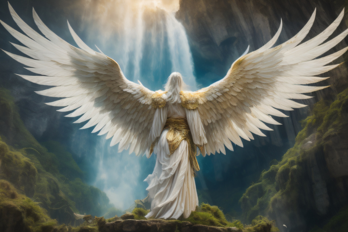 An illustration of an angel facing a waterfall.