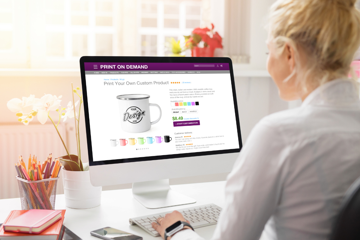 A woman selling a product online.