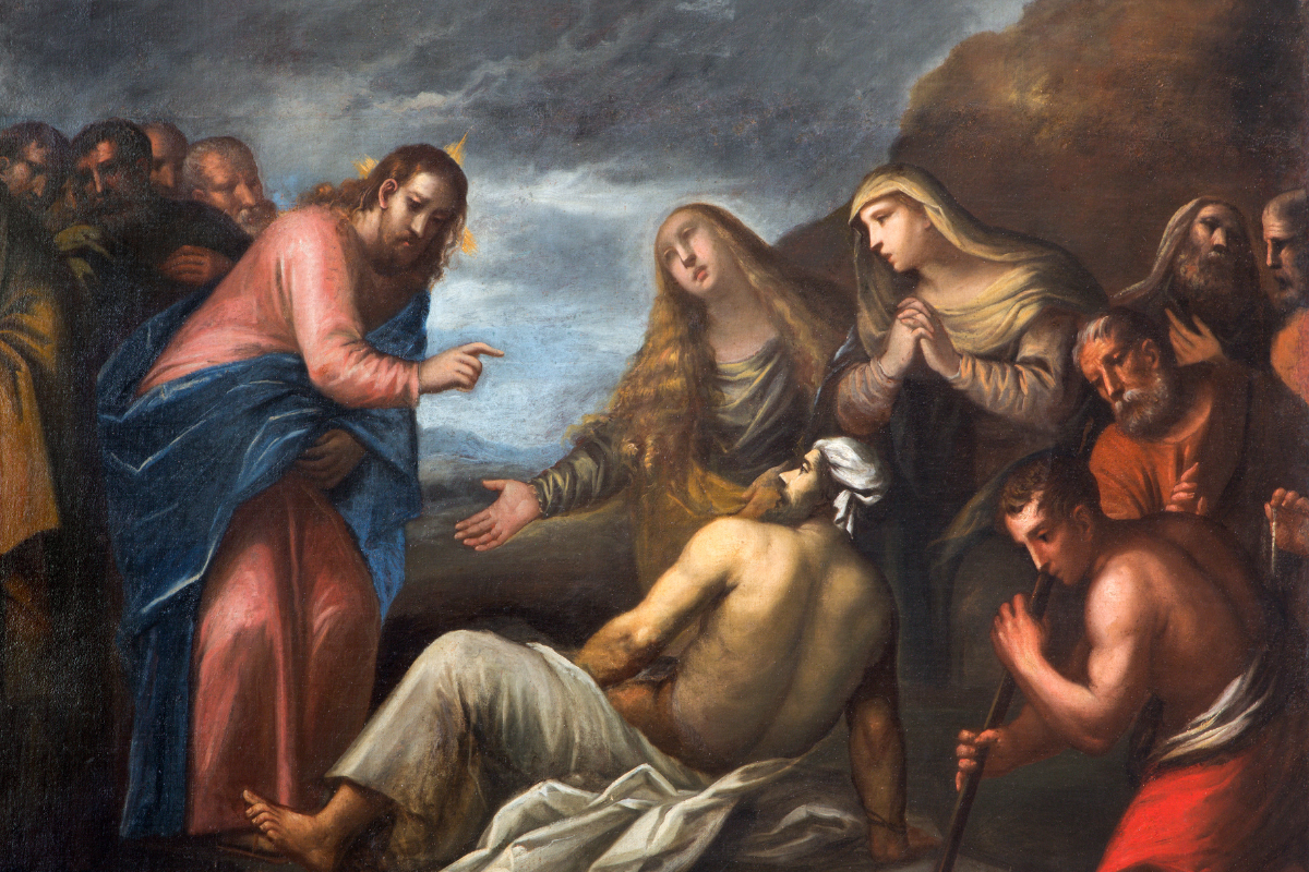 A biblical illustration of Lazarus being risen from the dead by Jesus Christ.
