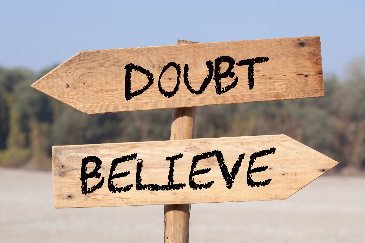 Two arrows pointing in different directions, with the words Doubt and Believe.