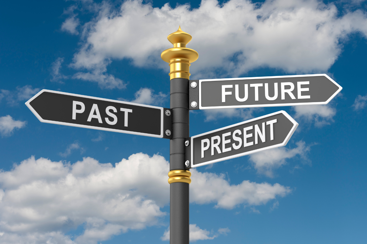 Road signs pointing in different directions, with the words - PAST PRESENT FUTURE.
