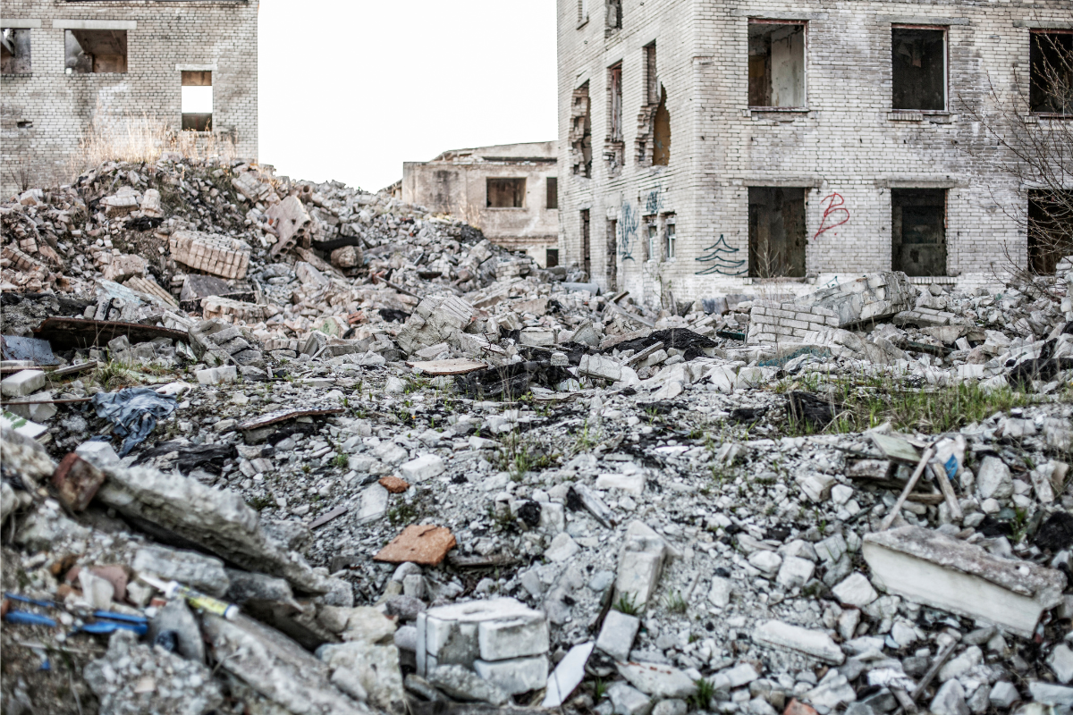 A city in ruins due to war.
