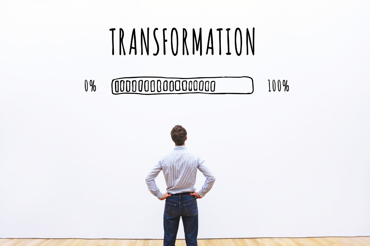 A man looking at a bar signifying transformation.