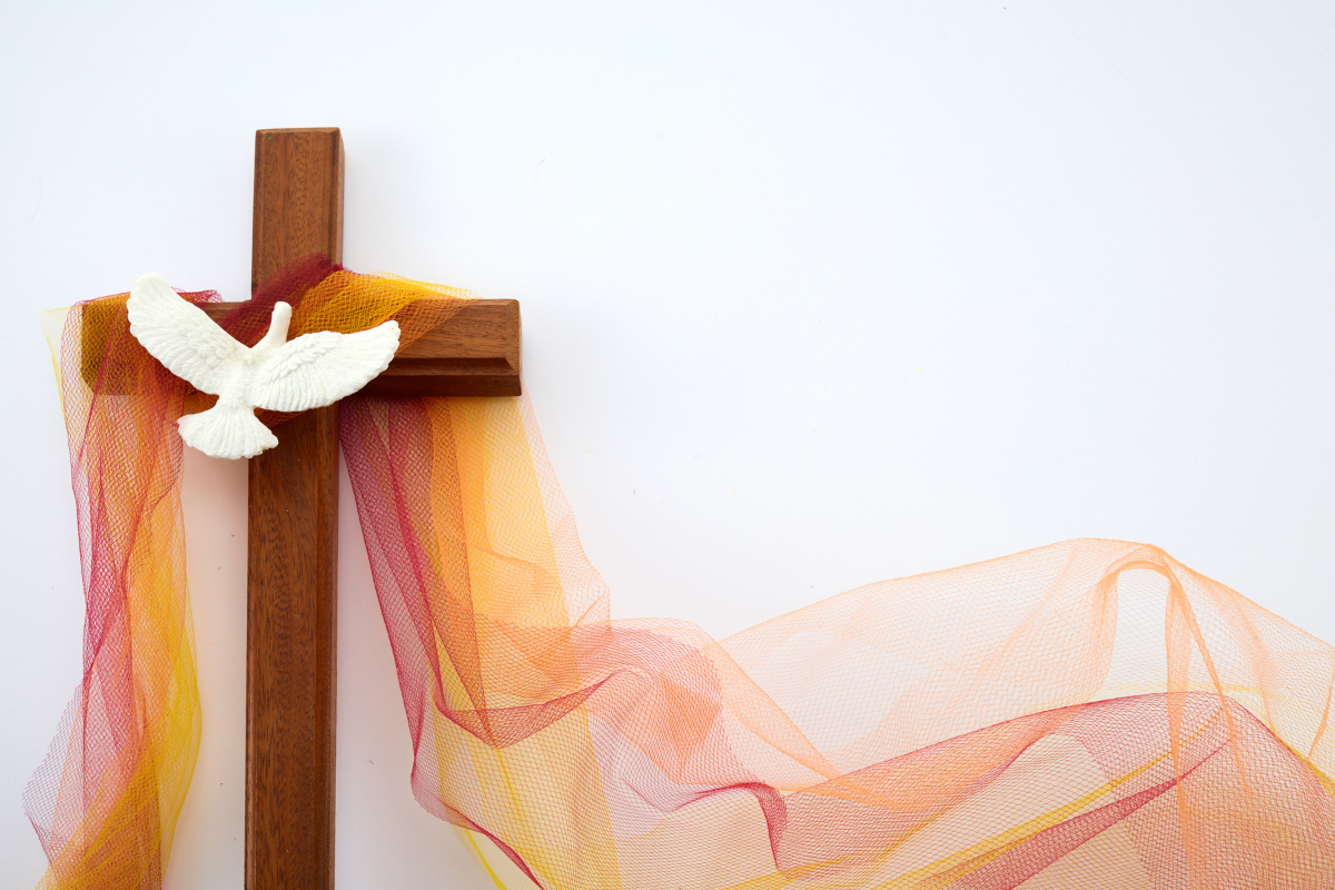a white dove on a wooden cross, with a colorful cloth on it.