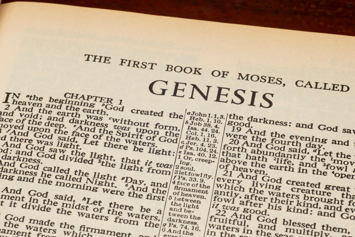 The first page of the Book of Genesis in the Bible.