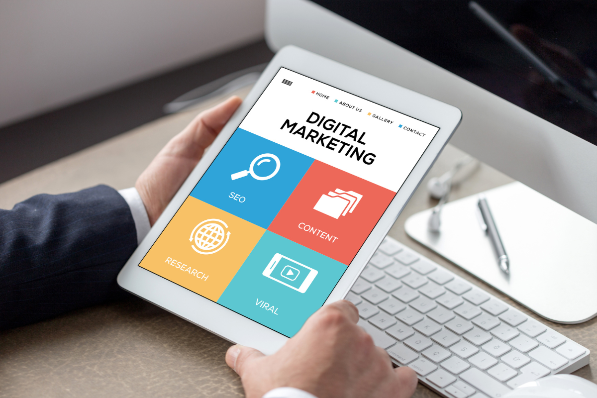 A tablet showing digital marketing topics.