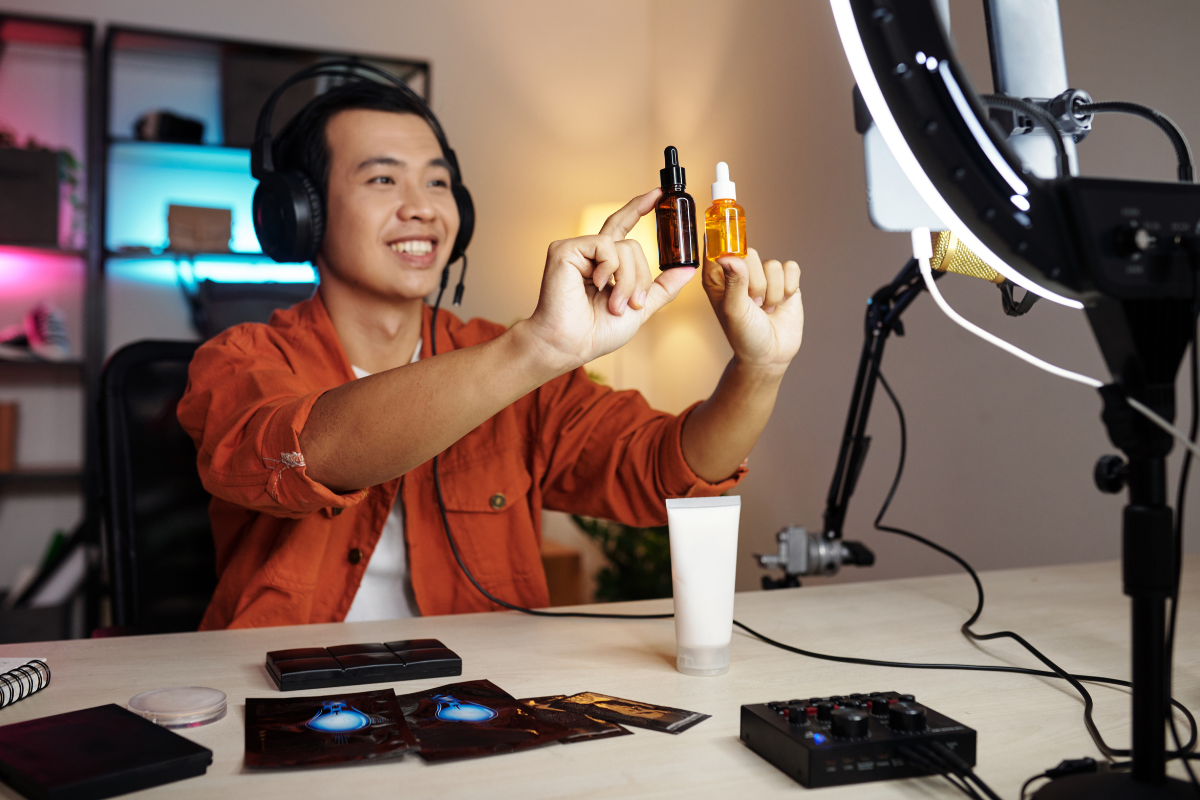 A man promoting his products online.
