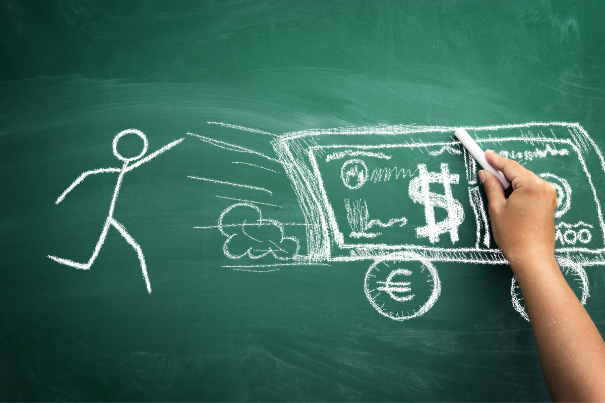 An illustration of a person chasing money.