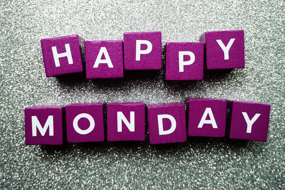 Purple cubes with the words HAPPY MONDAY.