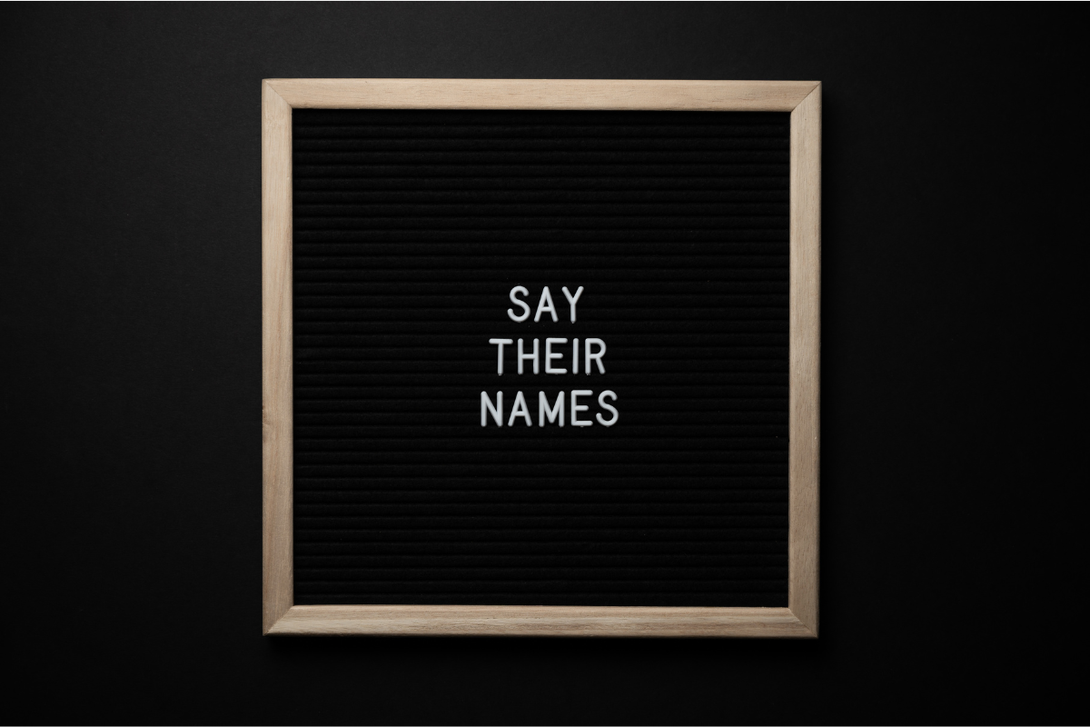 A golden frame on a black background, with the words SAY THEIR NAMES.