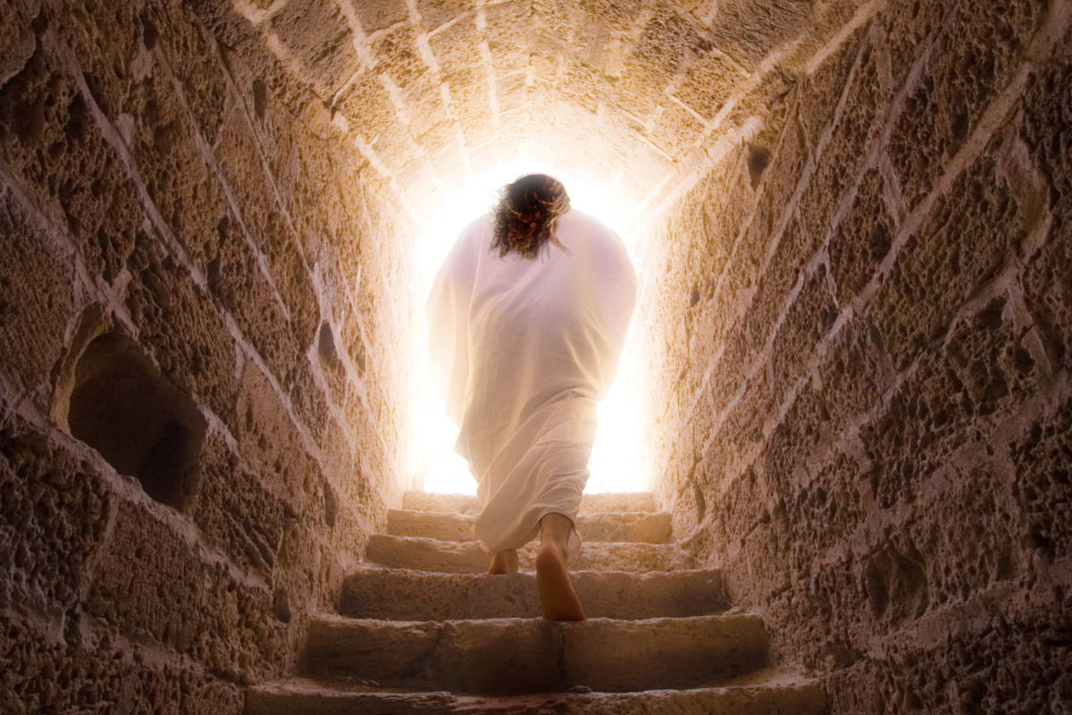 A depiction of Jesus leaving the tomb where he was buried.