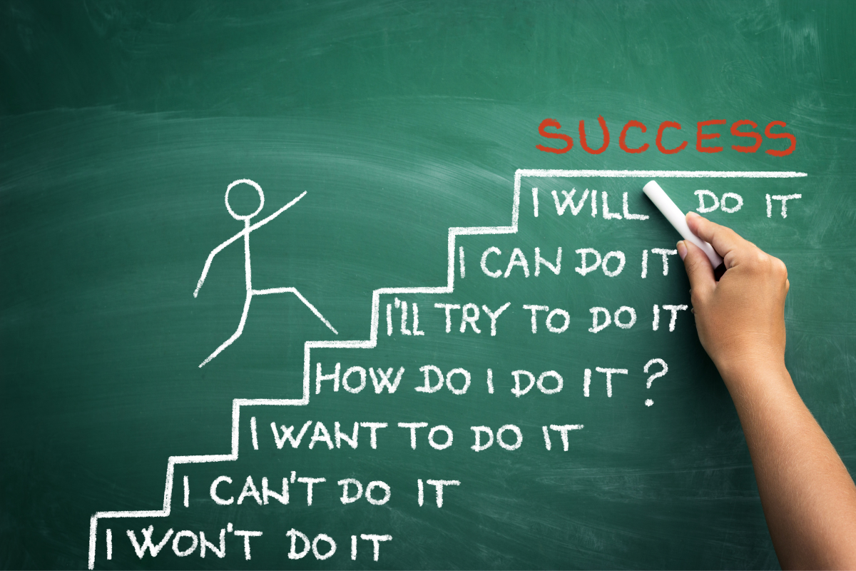 A stick figure going up the ladder of success.