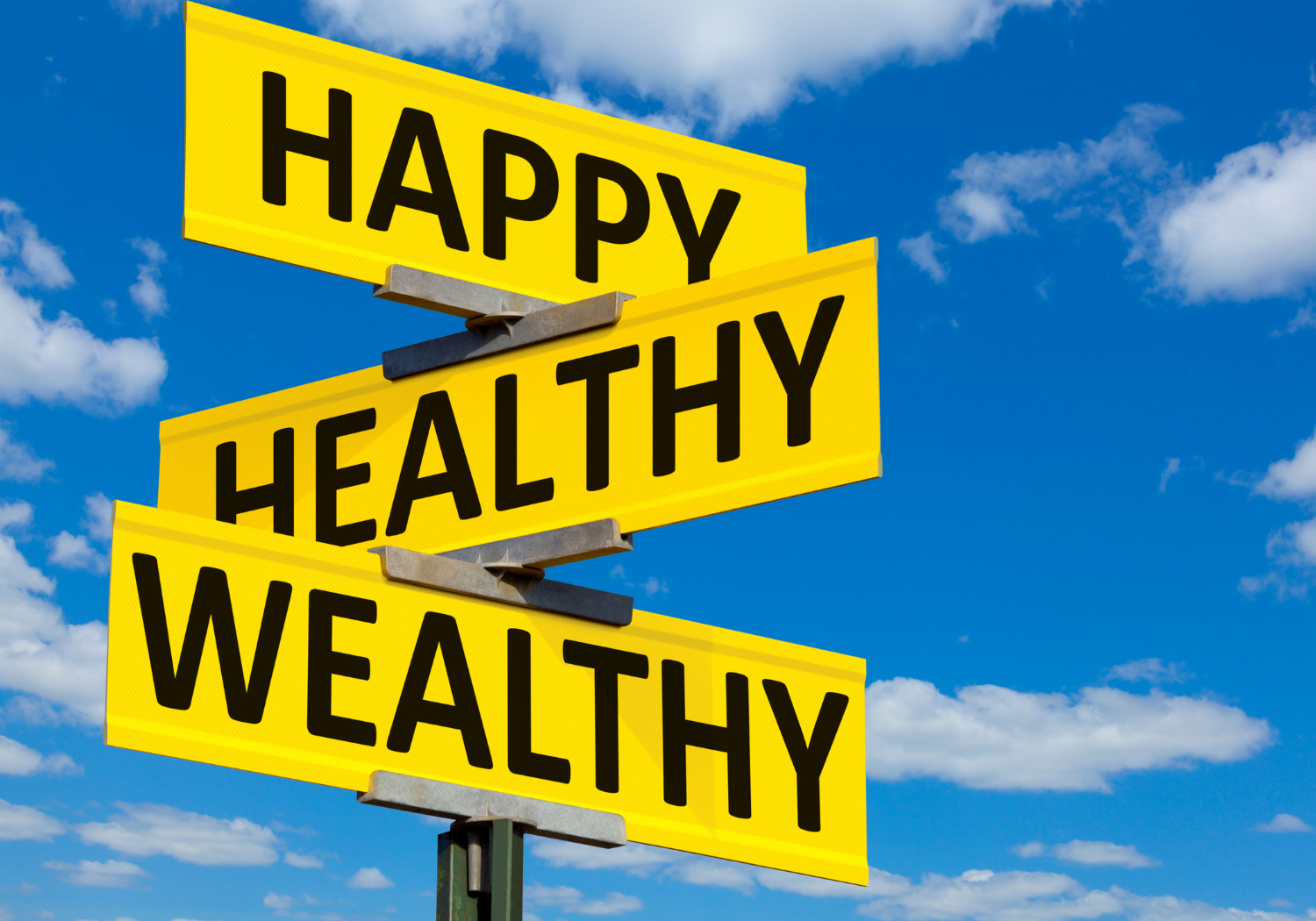 Yellow road signs with the words, Happy, Healthy, and Wealthy.