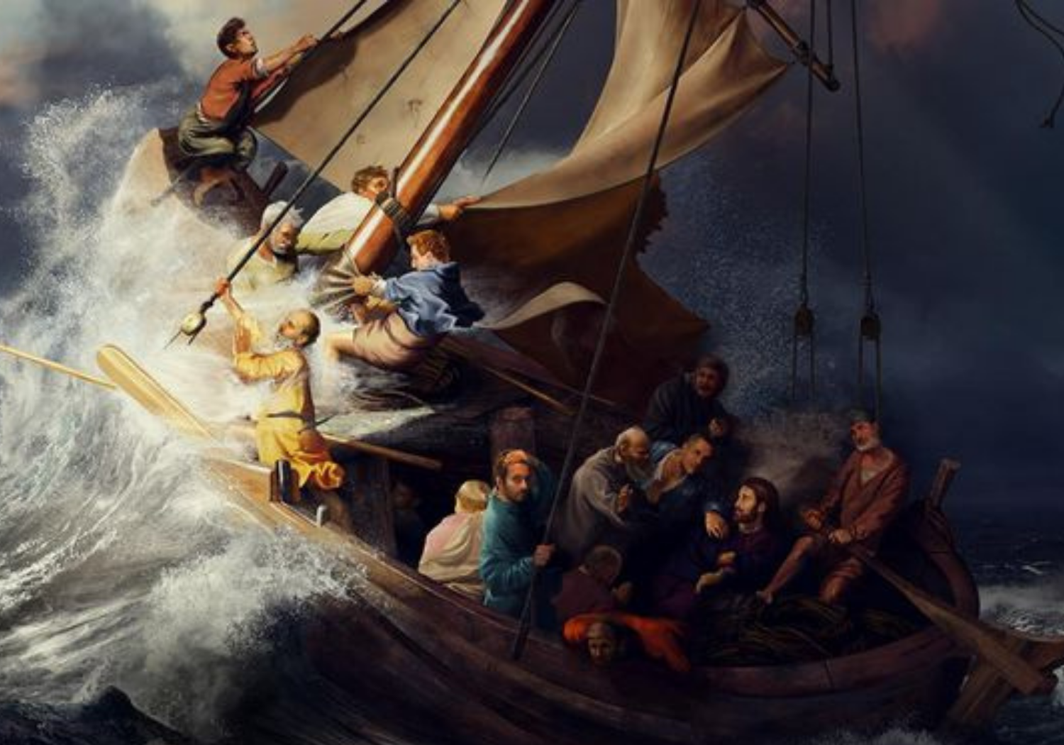 Biblical depiction of the disciples in a storm.