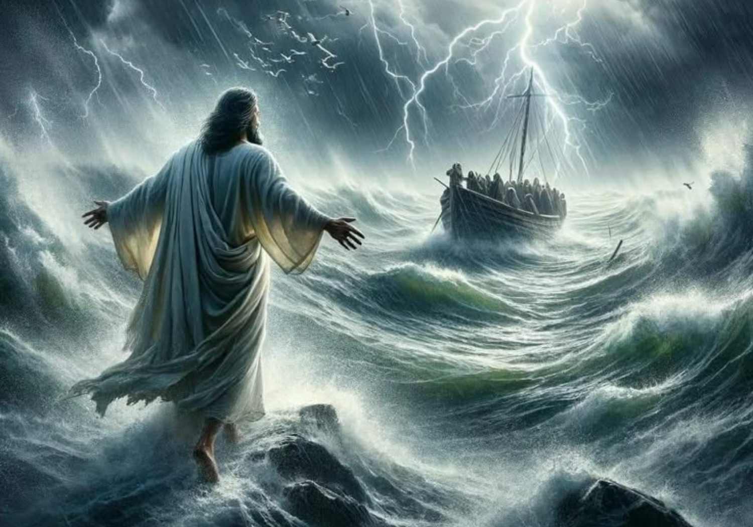 Illustration of Jesus walking on water.
