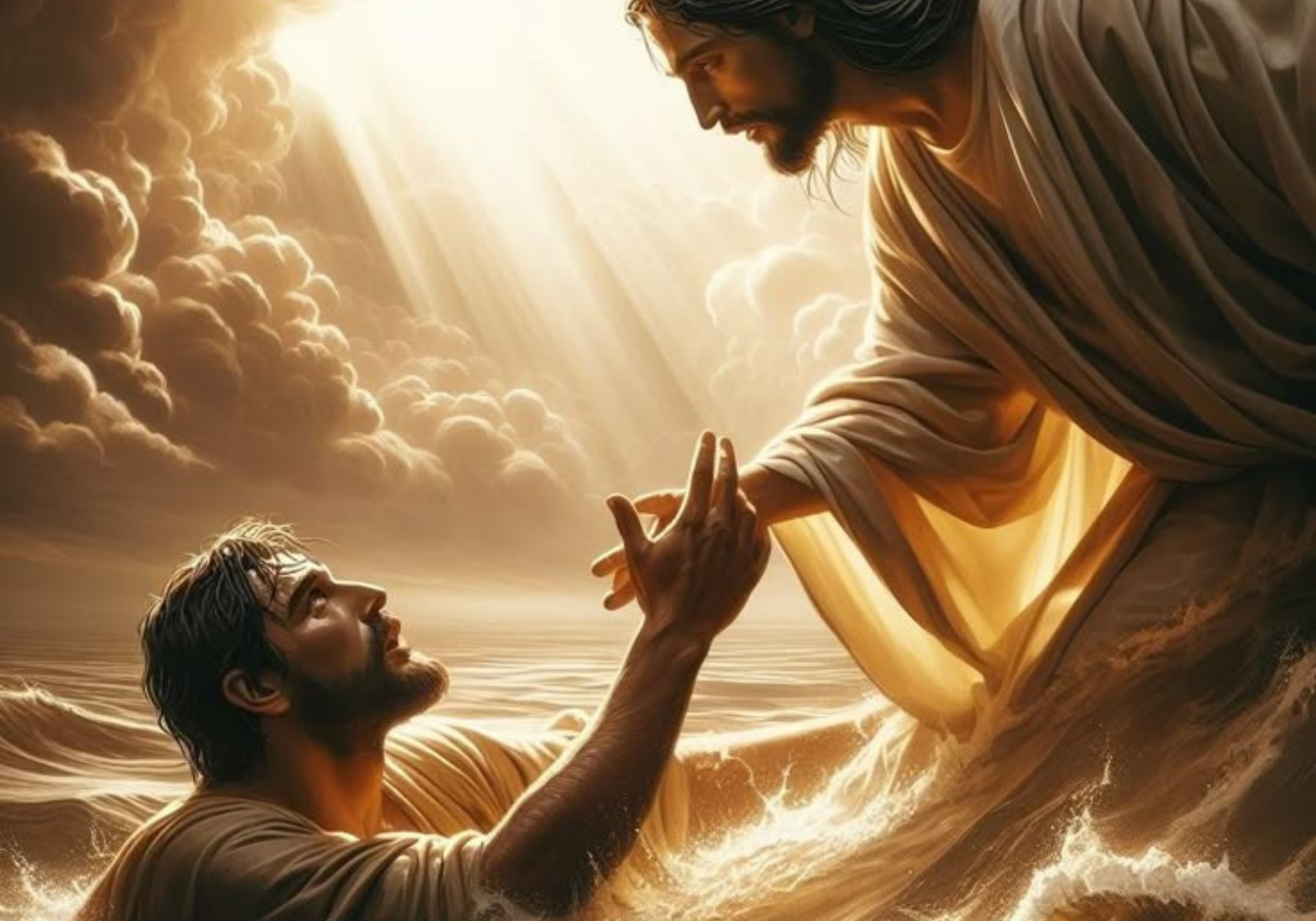 Jesus lifts Peter out from stormy waters.