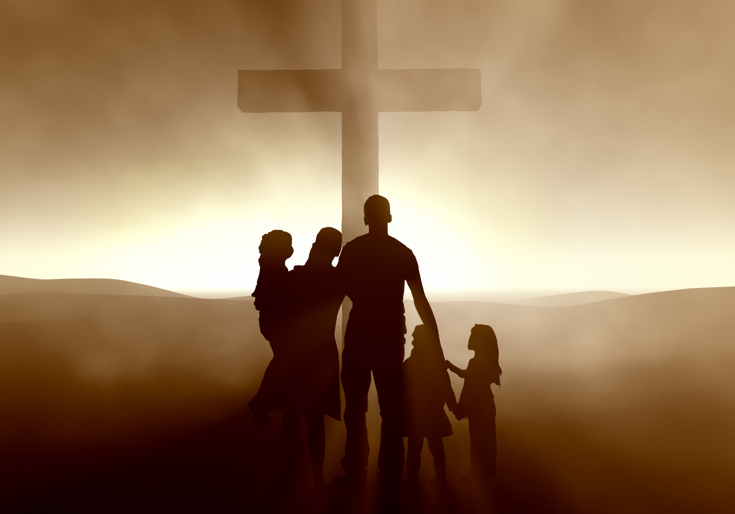A silhouette of a family facing a cross.