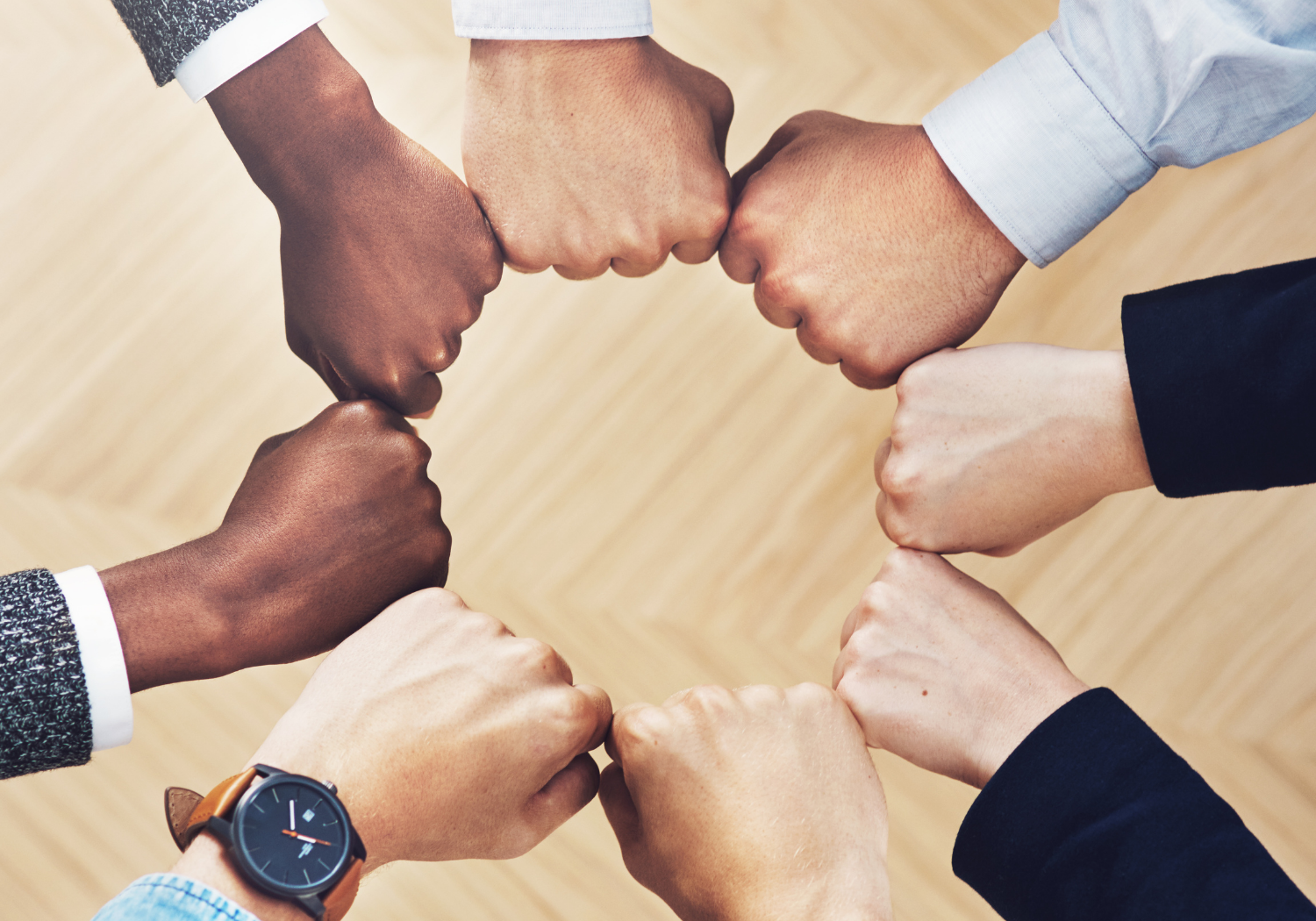 Hands, fist bumping each other, symbolizing teamwork.