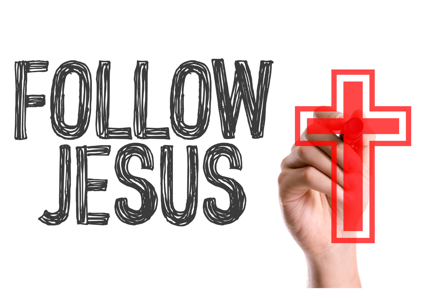 A red cross with the words FOLLOW JESUS.