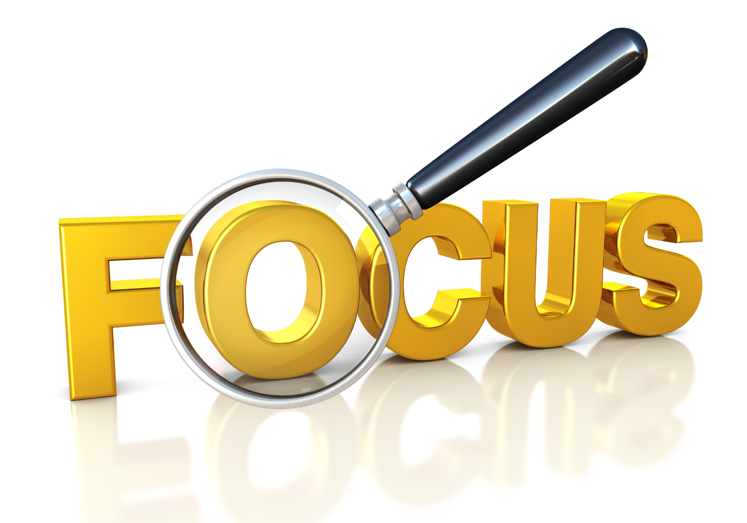 The word "FOCUS" with the letter "O" magnified by a magnifying glass.