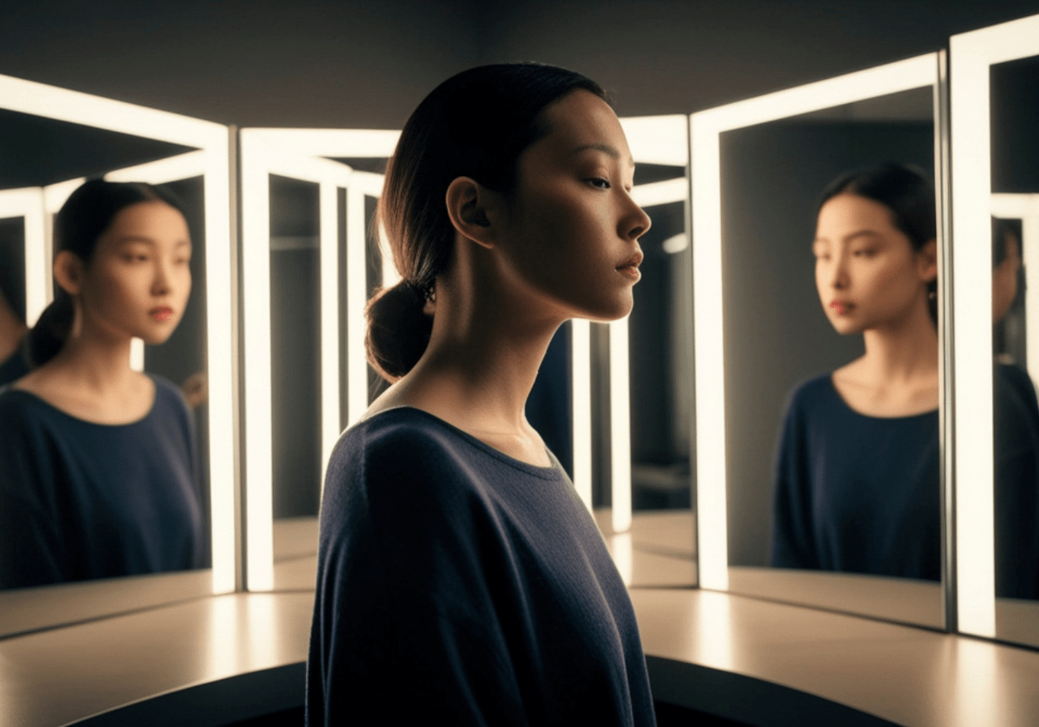 A woman looking away from mirrors with two of her reflections in different directions.