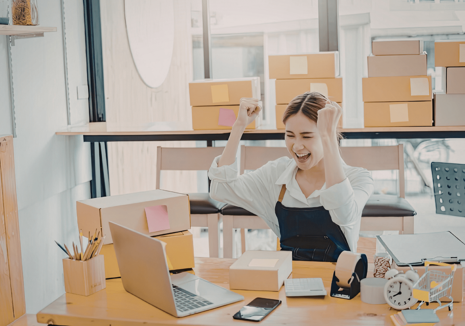 A woman making a successful business sale.