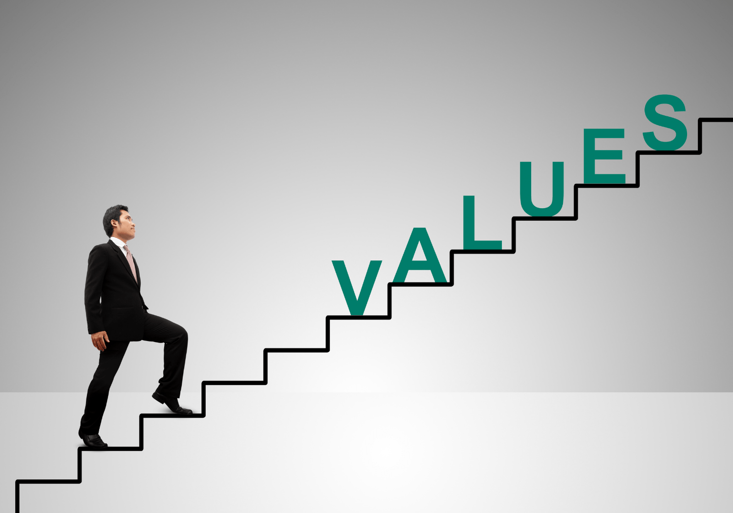 A man walking up a flight of stairs, with the word VALUES in it.