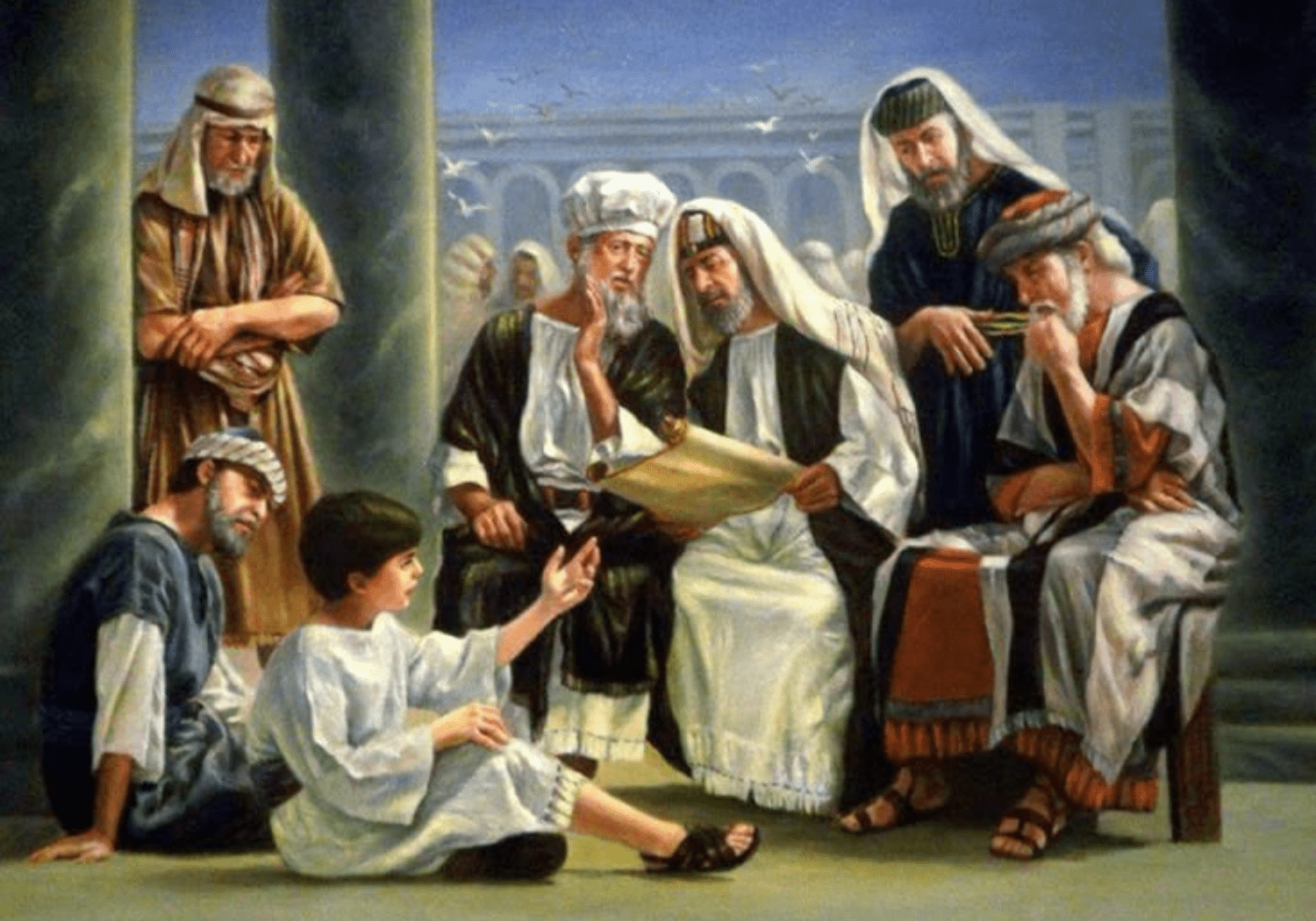 An illustration of a young Jesus Christ in the temple, talking with the Pharisees.
