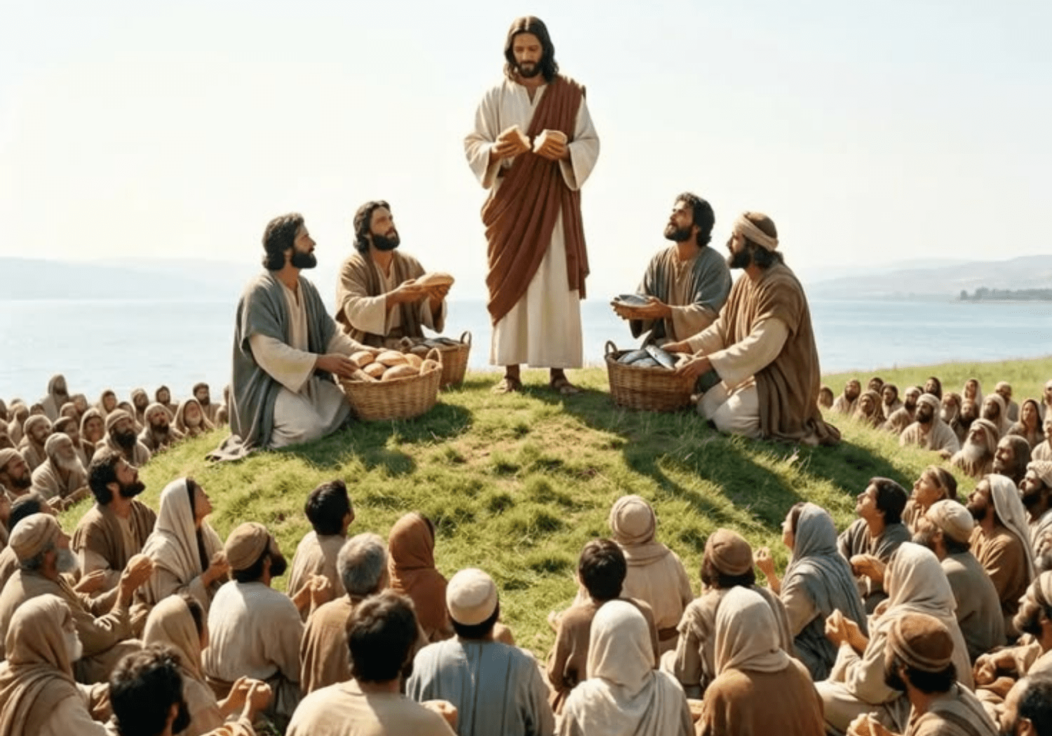 An illustration of Jesus feeding the multitude.
