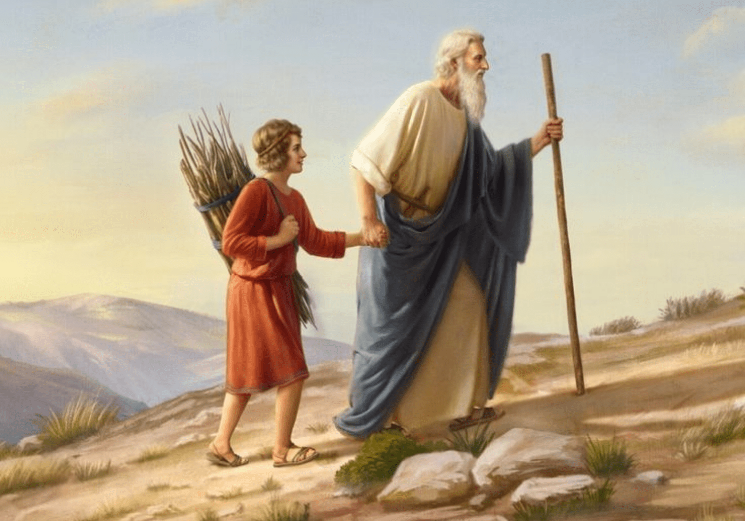 An illustration of Abraham and Isaac going up a mountain.